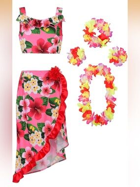 ReliBeauty Hawaiian Skirt Costume for Girls Red Flowers 6 Piece Kit 6. 2401/bb11